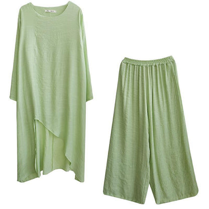 Large Size Loose Art Long White Top Wide Leg Pants Two Piece Suit for