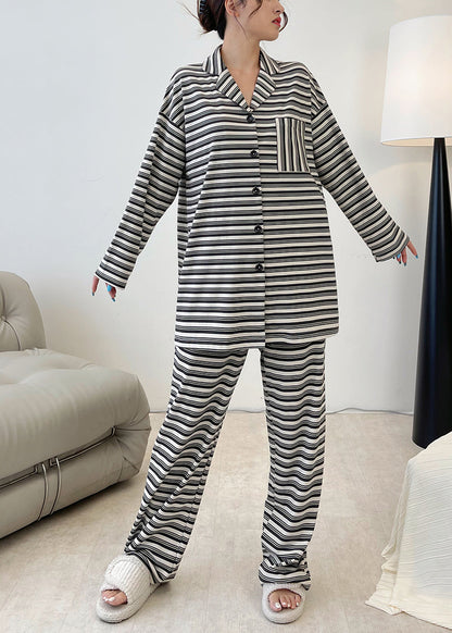 Black Striped Patchwork Cotton Two Piece Set Long Sleeve