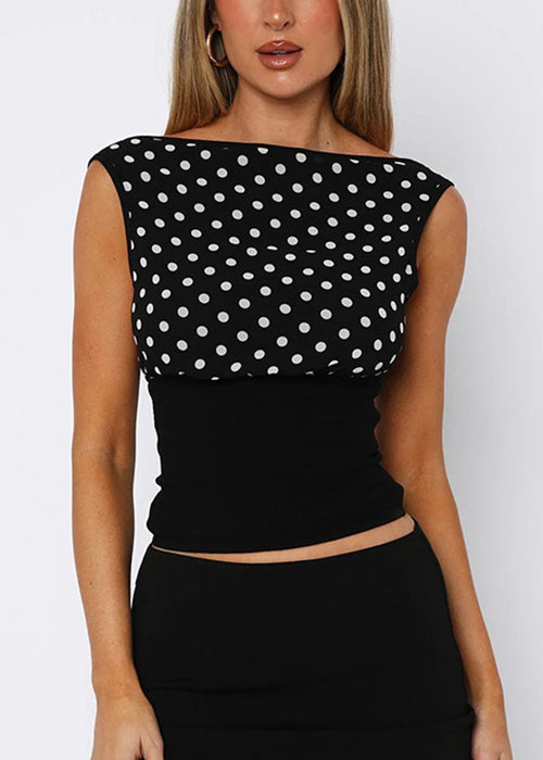 Slim Fit Black Backless Dot Patchwork Cotton Top Summer