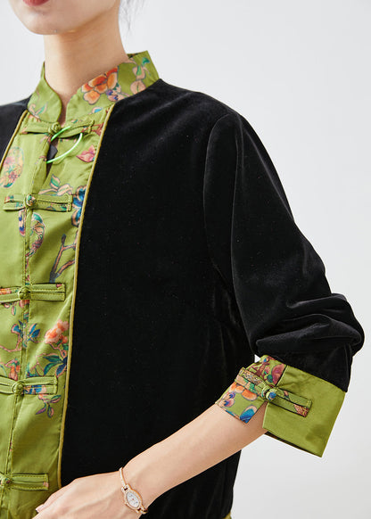 Black Mandarin Collar Patchwork Silk Velour Fake Two Piece Coats Fall