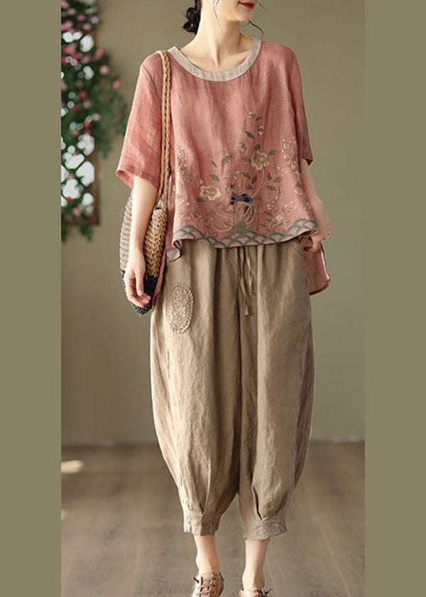 Loose Pink O-neck Embroideried Linen Tanks Short Sleeve