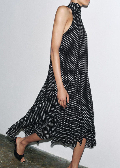 French Black Dot Print Chiffon Long Dress Sleeveless