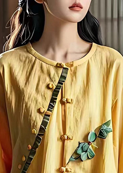 Yellow Asymmetrical Patchwork Wrinkled Linen Shirt Summer