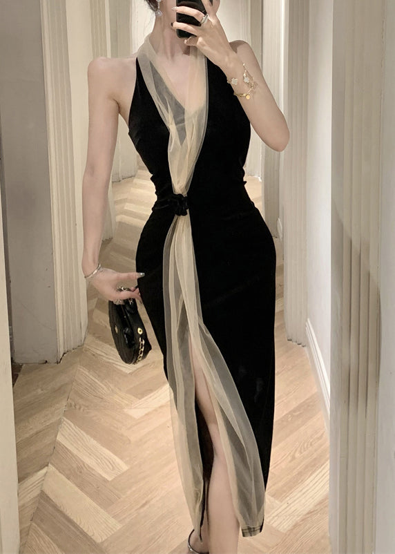 Black V Neck Tulle Patchwork Backless Silk Velour Long Dress Summer