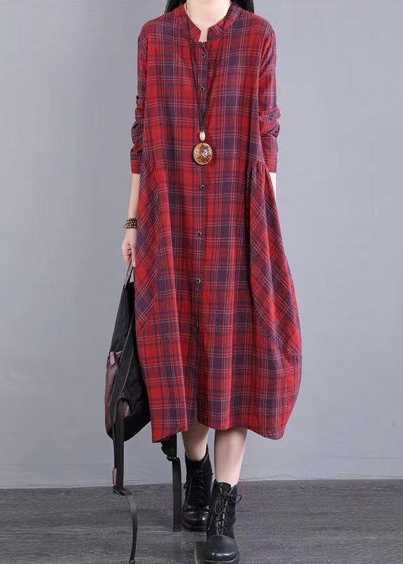 Red Stand Collar Plaid Cotton Shirts Dresses Fall