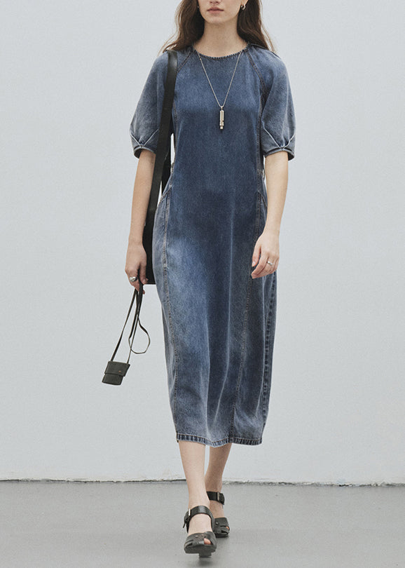 Blue O Neck Pockets Patchwork Denim Dress Summer