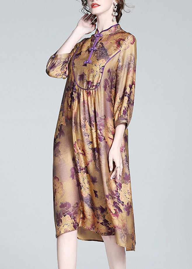 Purple Stand Collar Print Button Long Dress Spring