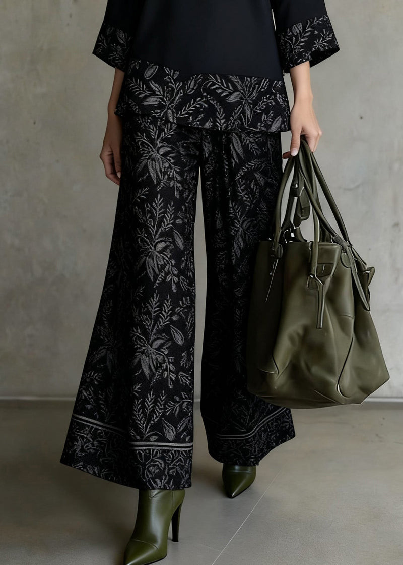 Black Print Tops and Wide Leg Pants Patchwork Silk Two Pieces Set O-neck Spring