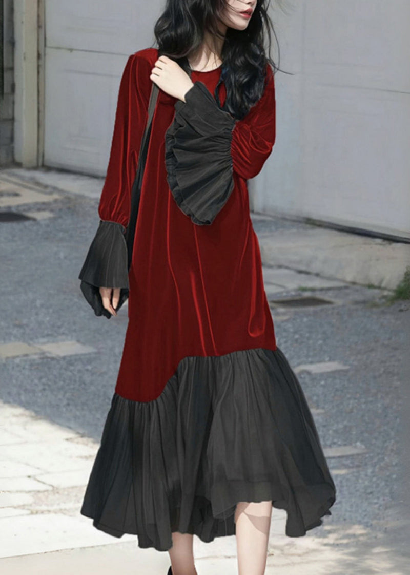 French Red O-neck Patchwork Silk Velvet Long Dress Flare Sleeve Fall