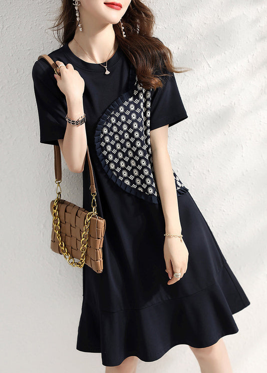Navy O Neck Ruffled Patchwork Cotton Dresses Summer