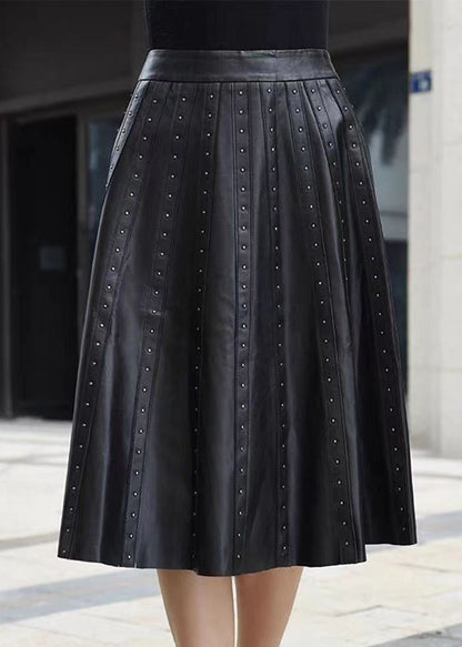 Black Wrinkled Rivet High Waist Sheepskin Skirts Spring