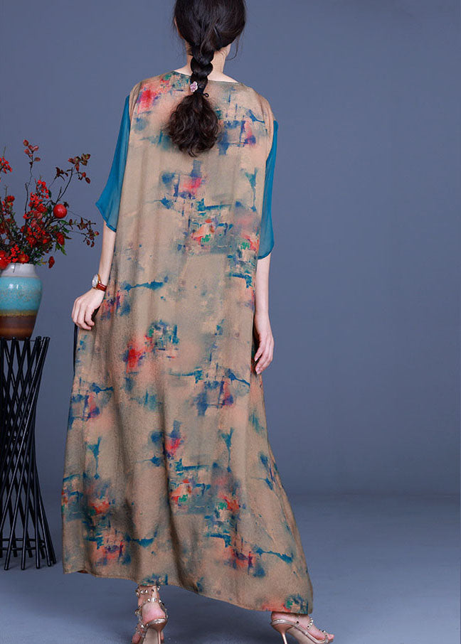Apricot V Neck Print Asymmetrical Design Fall Holiday Dress Long Sleeve