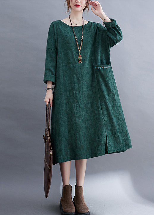 Green O-neck Side Open Jacquard Pocket Linen Dress Long Sleeve