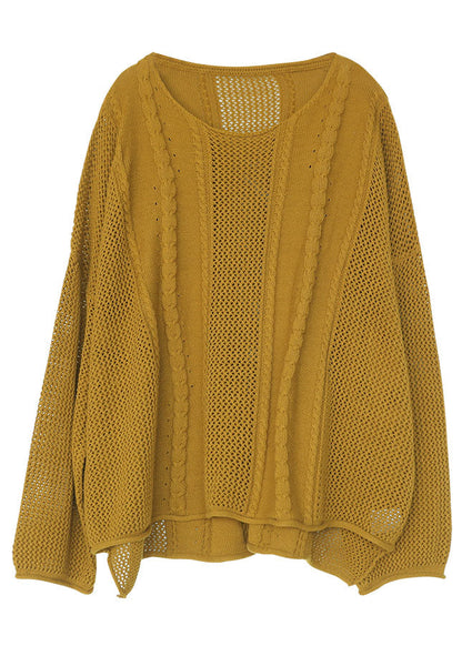 Yellow O-neck Hollow Out Knit Sweaters Fall
