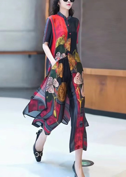 New Red Print Tops and Wide Leg Pants Silk Two Piece Set Summer