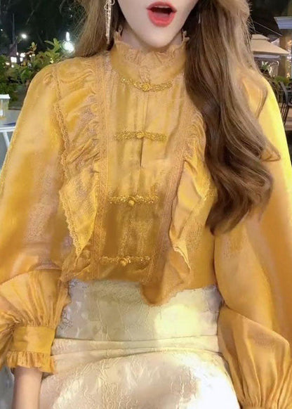 Organic Yellow Stand Collar Button Ruffled Tops Lantern Sleeve