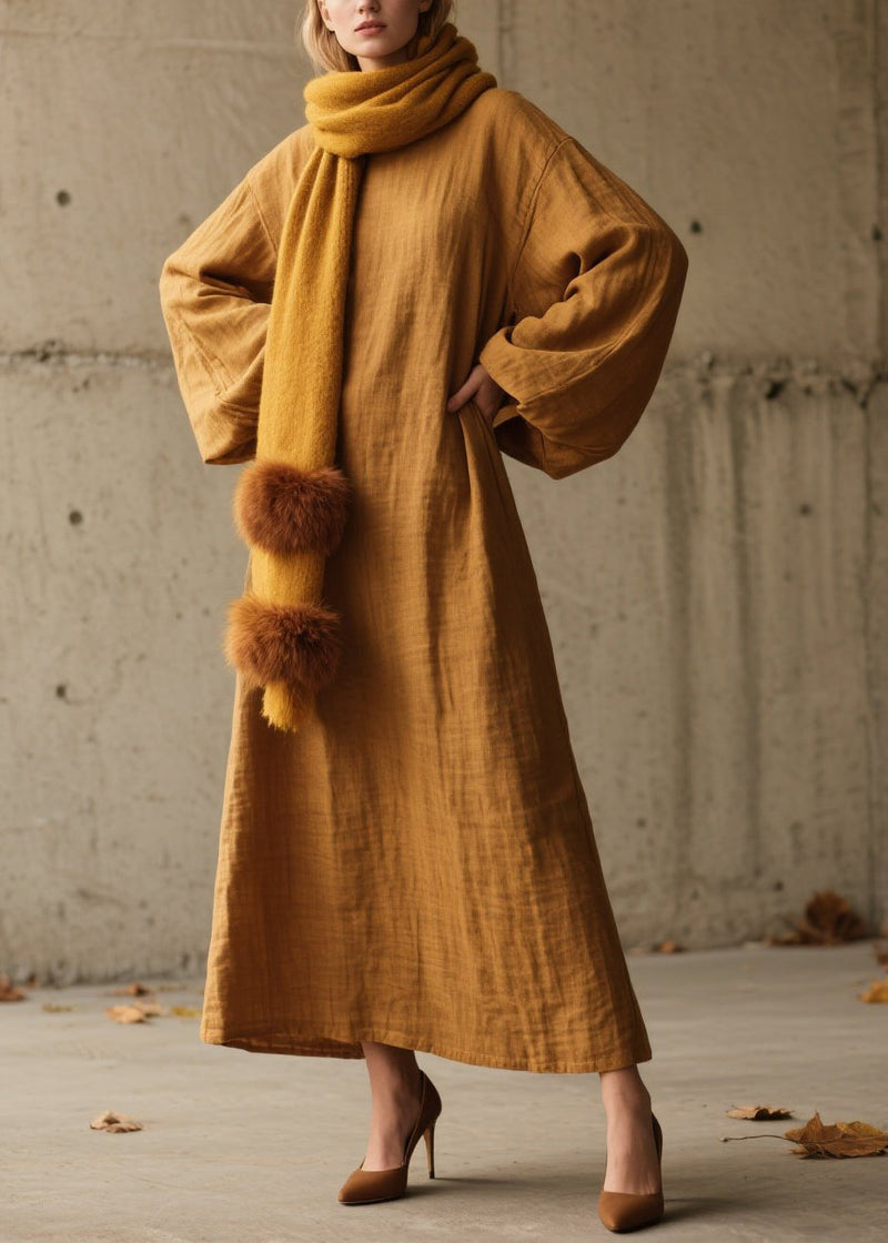 Simple Yellow O Neck Cotton Long Dress Lantern Sleeve Spring