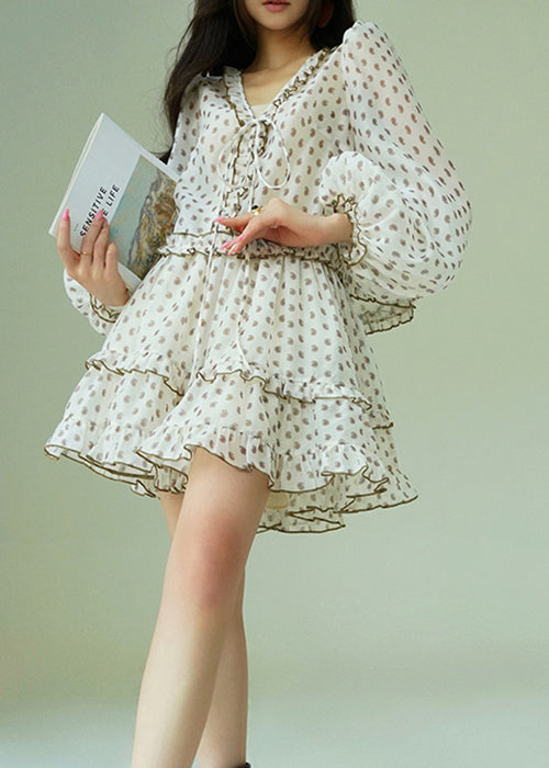 White Ruffled Print Shirts and Skirts Chiffon Two Piece Set Fall