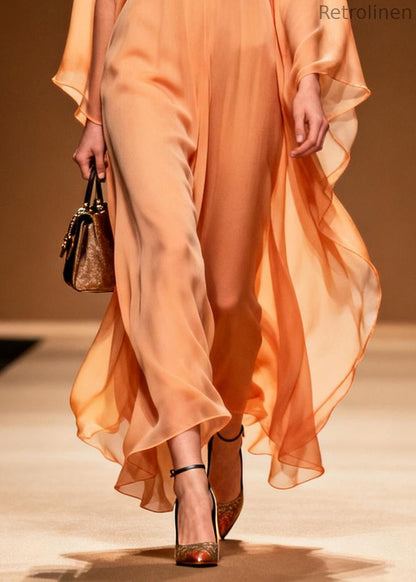 Orange V Neck Patchwork Chiffon Long Dress Summer