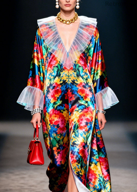 V Neck Ruffled Print Patchwork Chiffon Robe Dresses Spring