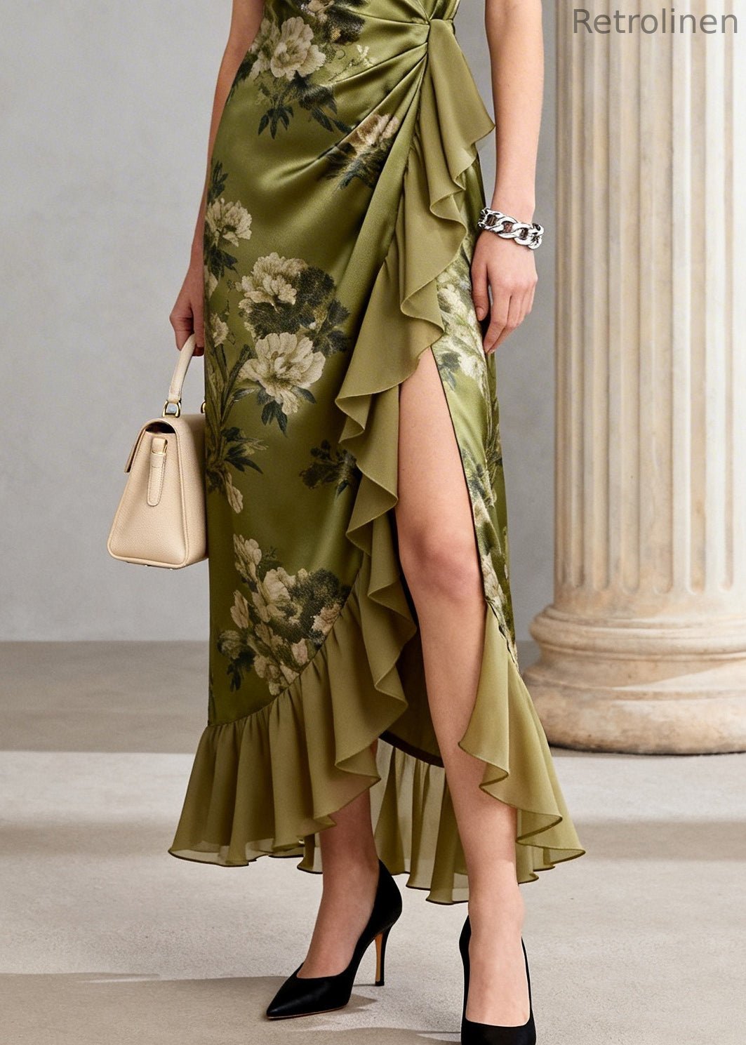 Green Ruffled Print Chiffon Long Dress Sleeveless