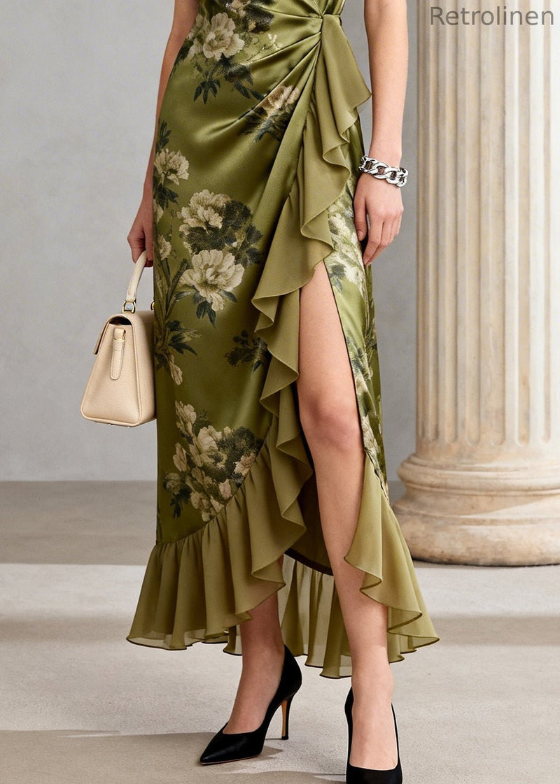 Green Ruffled Print Chiffon Long Dress Sleeveless