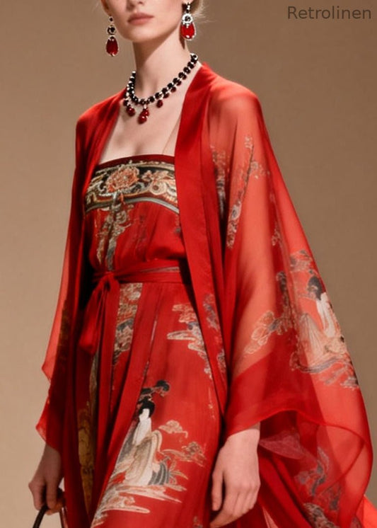 Red Print Draping Chiffon Oriental Dress Two Piece Suit Set Summer
