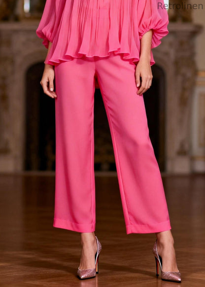 Pink High Waist Tops and Crop Pants Two-piece Set Ruffled Bracelet Sleeve