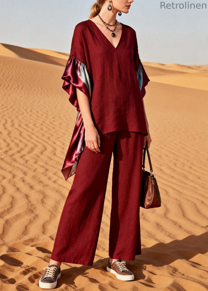 Red V Neck Patchwork Linen Silk Two Pieces Set Summer