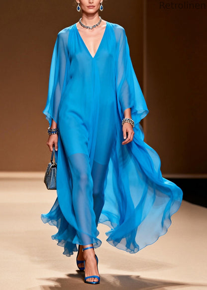 Style Blue Oversized Draping Chiffon Maxi Dress Summer