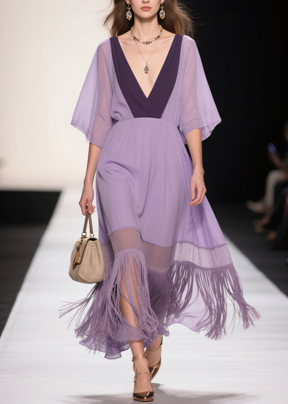 Purple V Neck Tassel Patchwork Cotton Dress Summer
