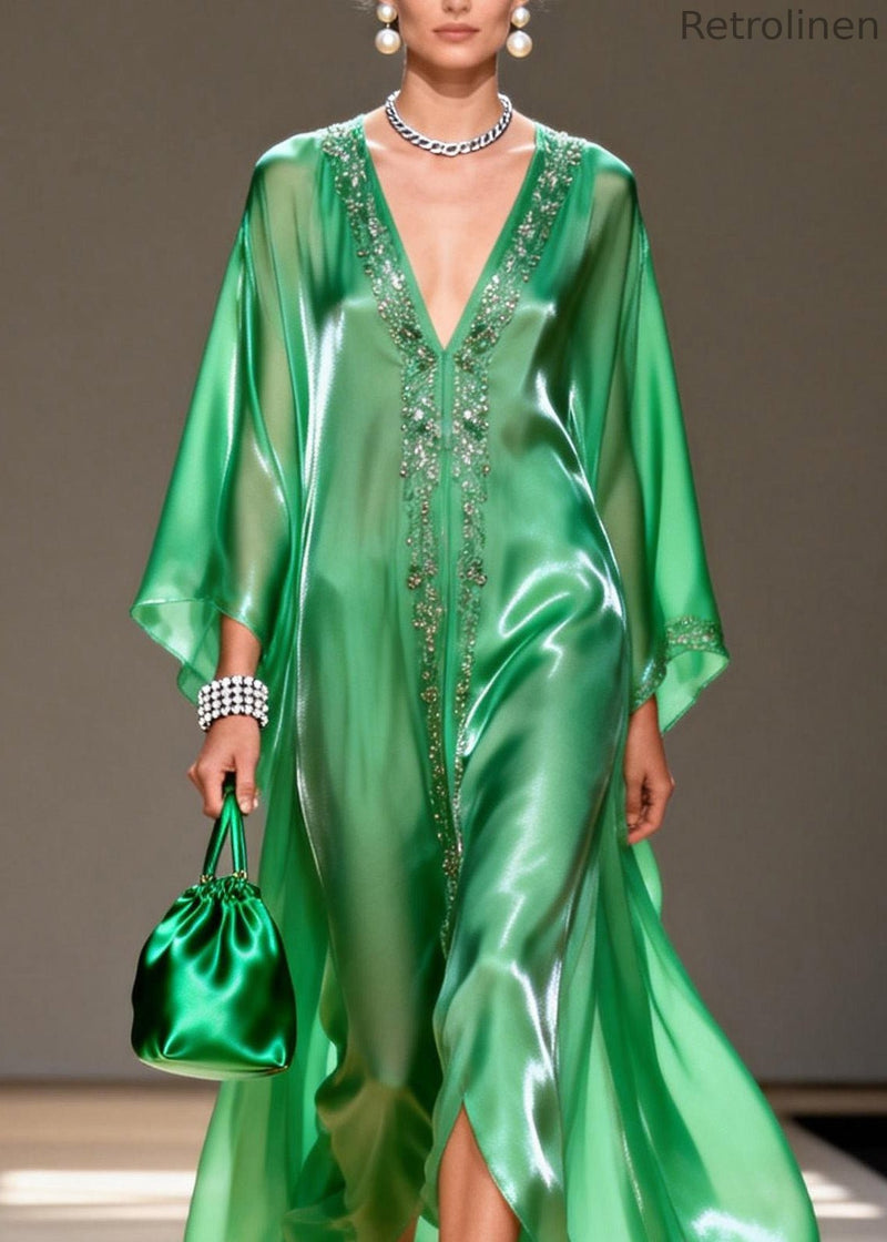 Green V Neck Zircon Chiffon Long Dresses Summer