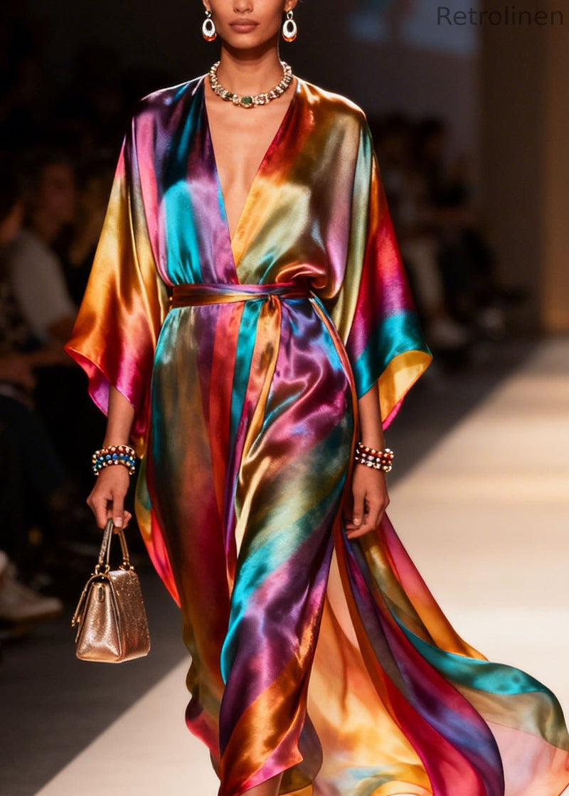V Neck Side Open Silk Holiday Dress Summer