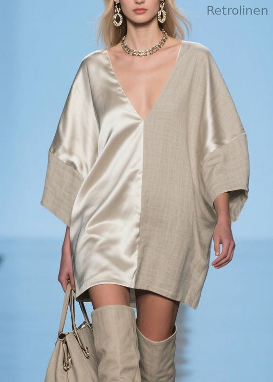 Modern V Neck Patchwork Linen Silk Mid Dress Spring