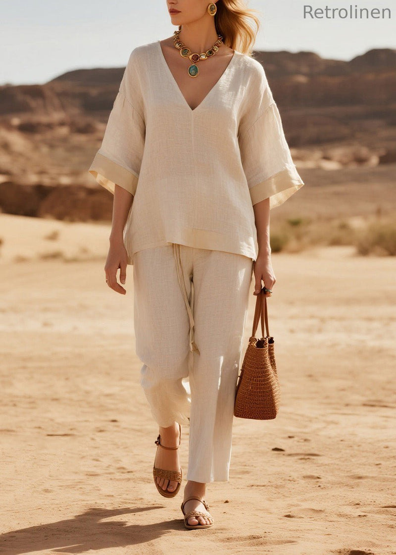 Loose V Neck Patchwork Linen Two Piece Suit Set Summer