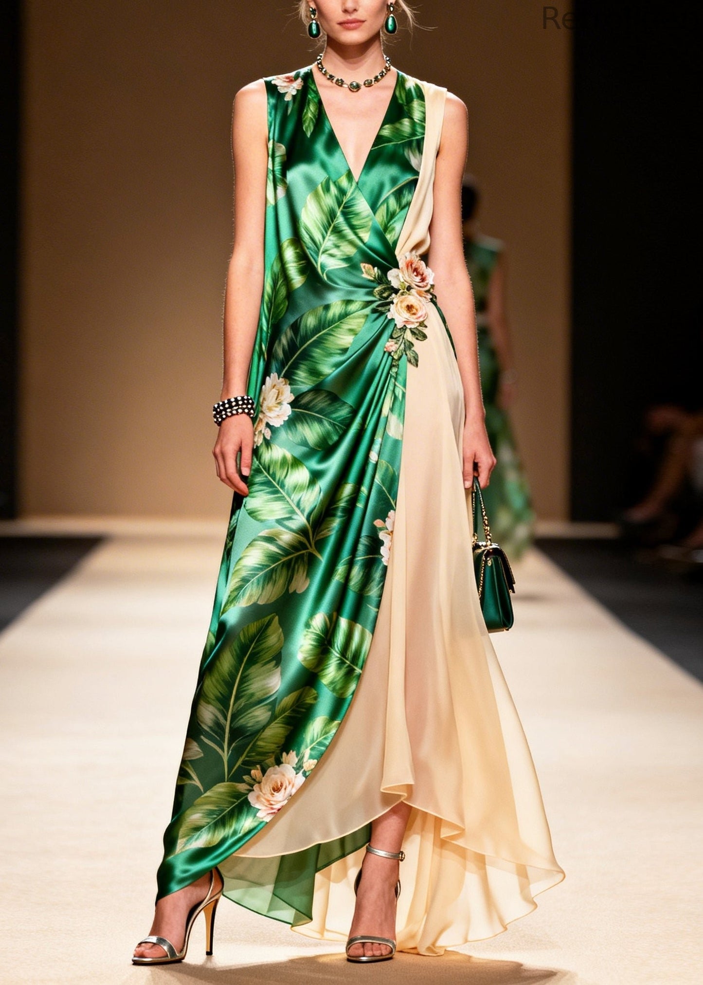Natural Green Patchwork Flower Chiffon Vacation Dresses Sleeveless