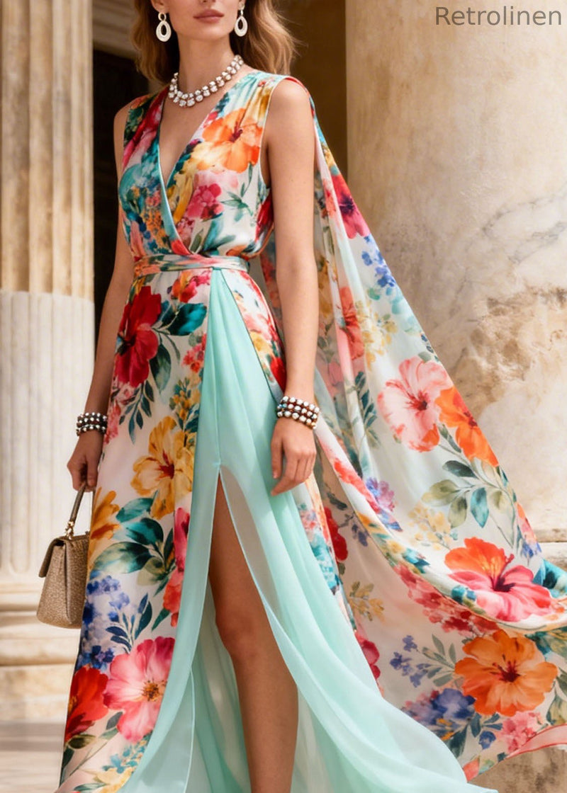 French V Neck Print Side Open Patchwork Chiffon Dresses Summer