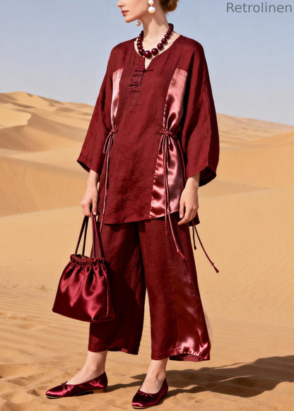 Red Tops and Crop Pants Patchwork Silk Linen Two Pieces Set Drawstring Spring