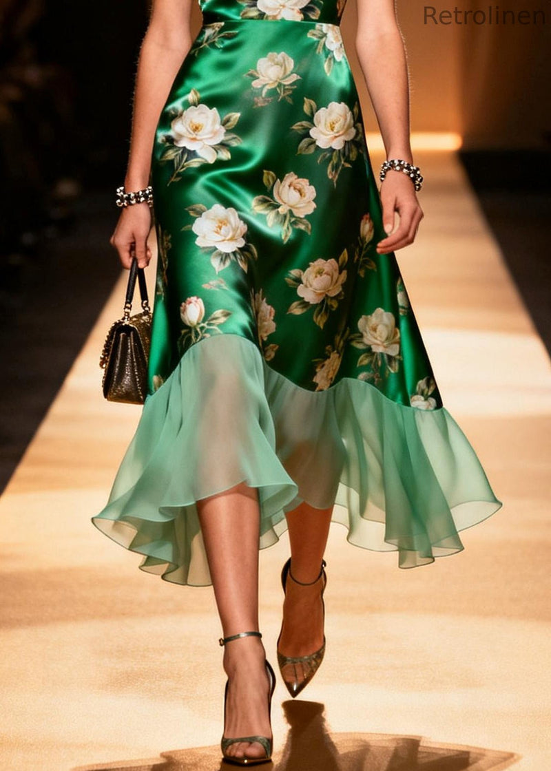 Art Grass Green V Neck Patchwork Flower Print Silk Party Dress Summer