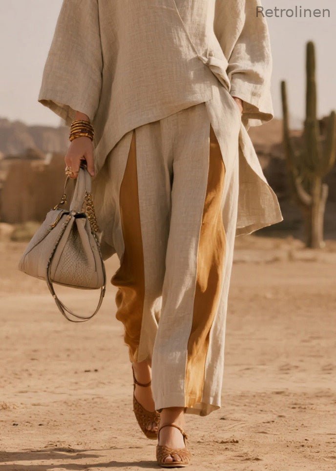 French V Neck Asymmetrical Patchwork Linen Two-piece Set Spring