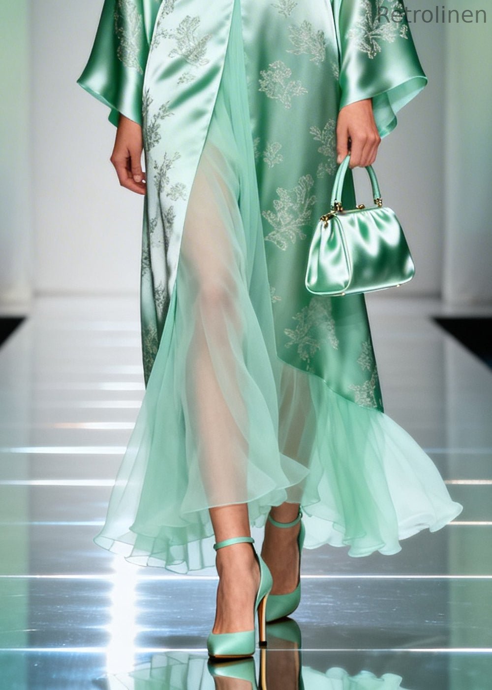 Art Lake Green Jacquard Patchwork Tulle Silk Long Dresses Spring
