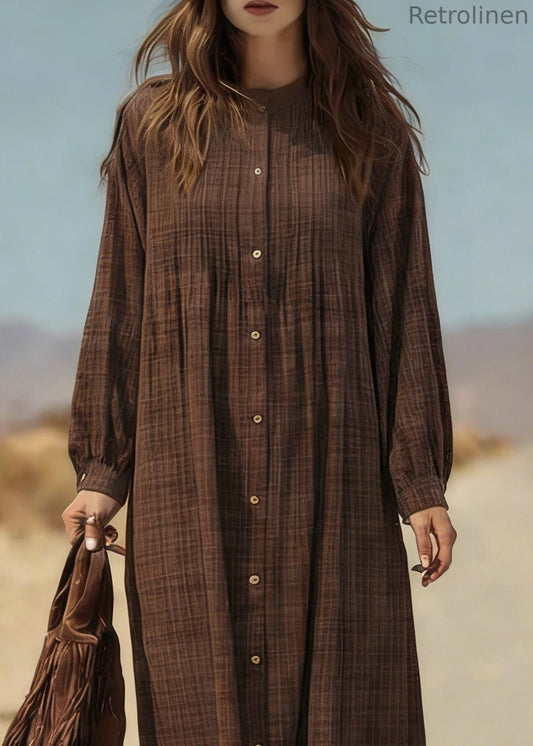 Retro Coffee Plaid Button Cotton Shirts Dress Spring
