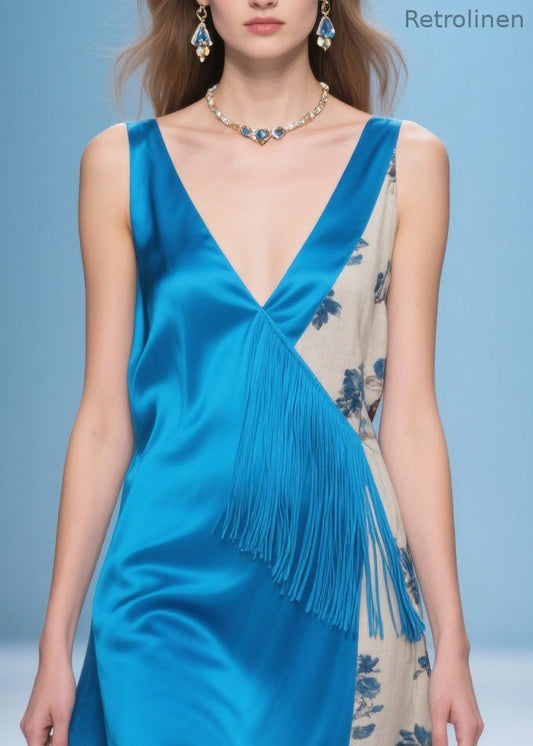 Blue V Neck Print Patchwork Silk Dresses Summer