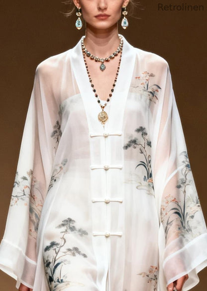 White Print Chinese Button Draping Chiffon Dress Summer