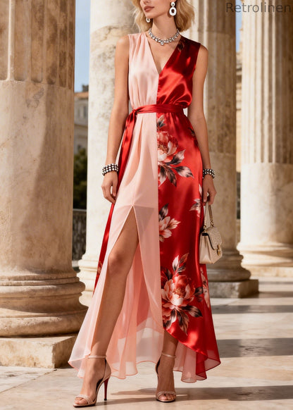 Colorblock V Neck Asymmetrical Print Chiffon Dress Sleeveless