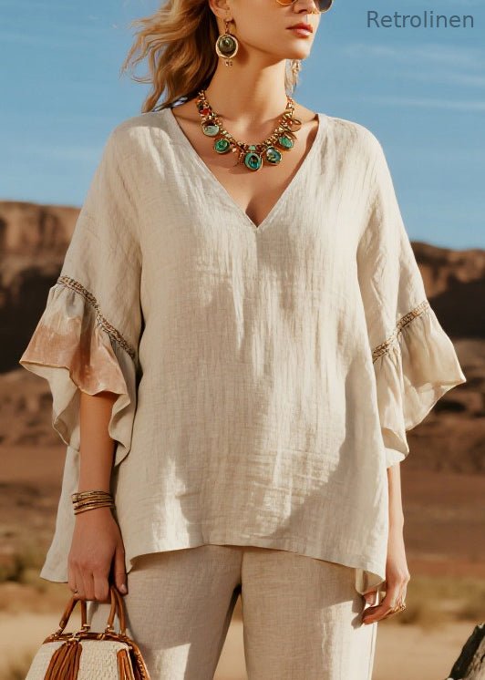 Simple Beige V Neck Patchwork Linen Two Pieces Set Butterfly Sleeve