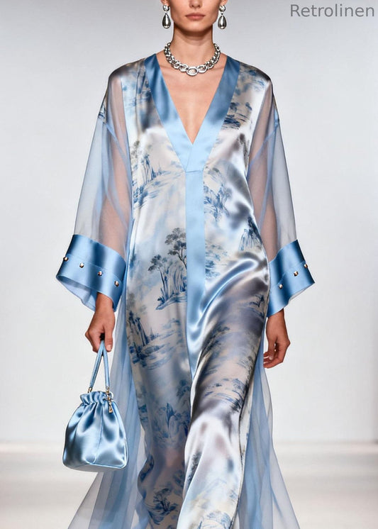 Italian Blue V Neck Print Zircon Chiffon Dresses Summer