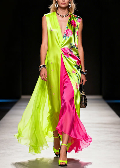 Fluorescent Green Print Patchwork Chiffon Vacation Dresses Sleeveless