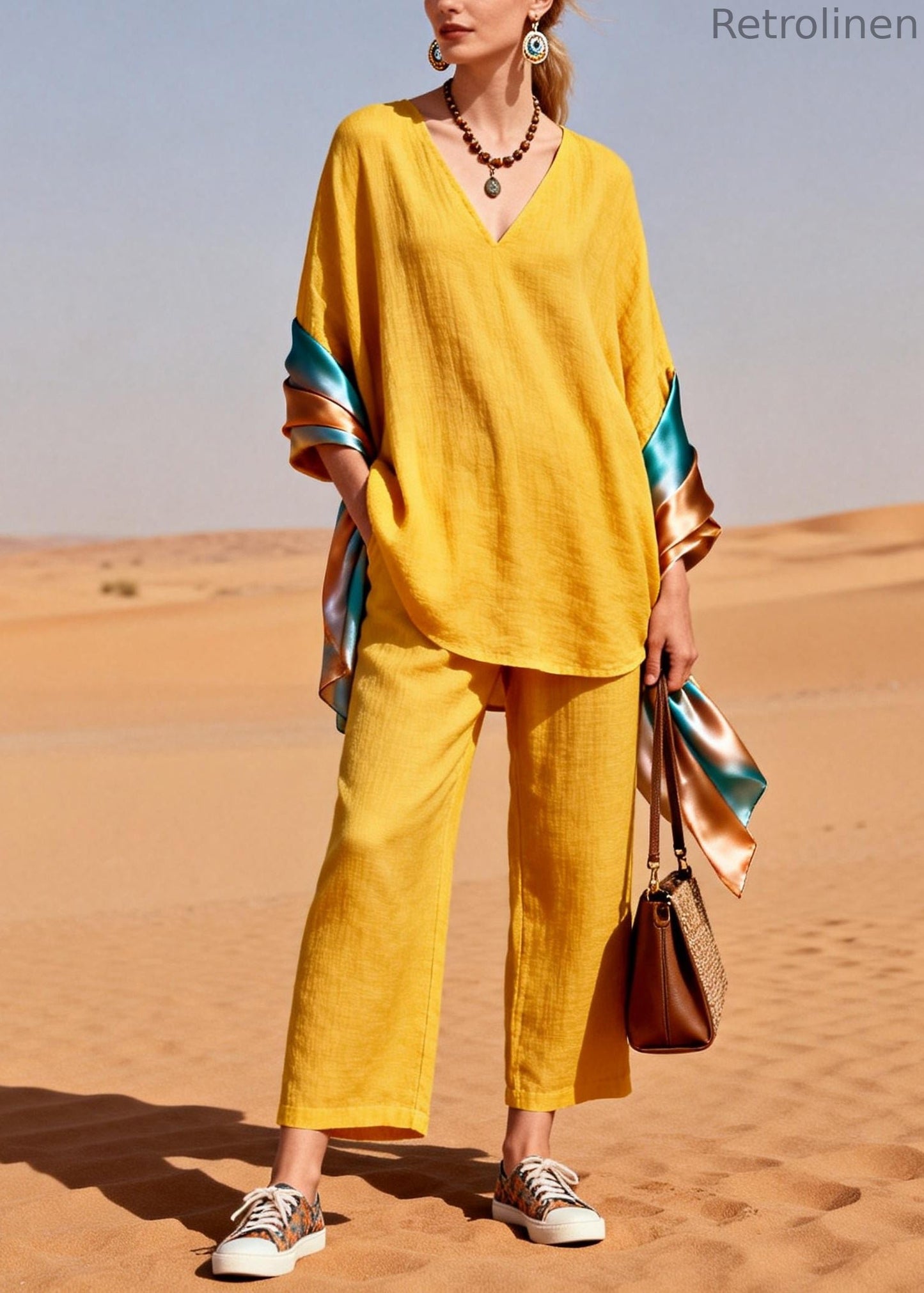 Yellow Oversized Patchwork Shawl Cotton Two Piece Set Clothing Spring