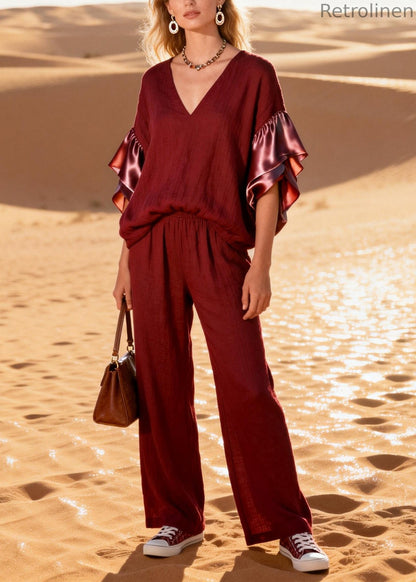 Fine Mulberry V Neck Patchwork Cotton Two Pieces Set Butterfly Sleeve